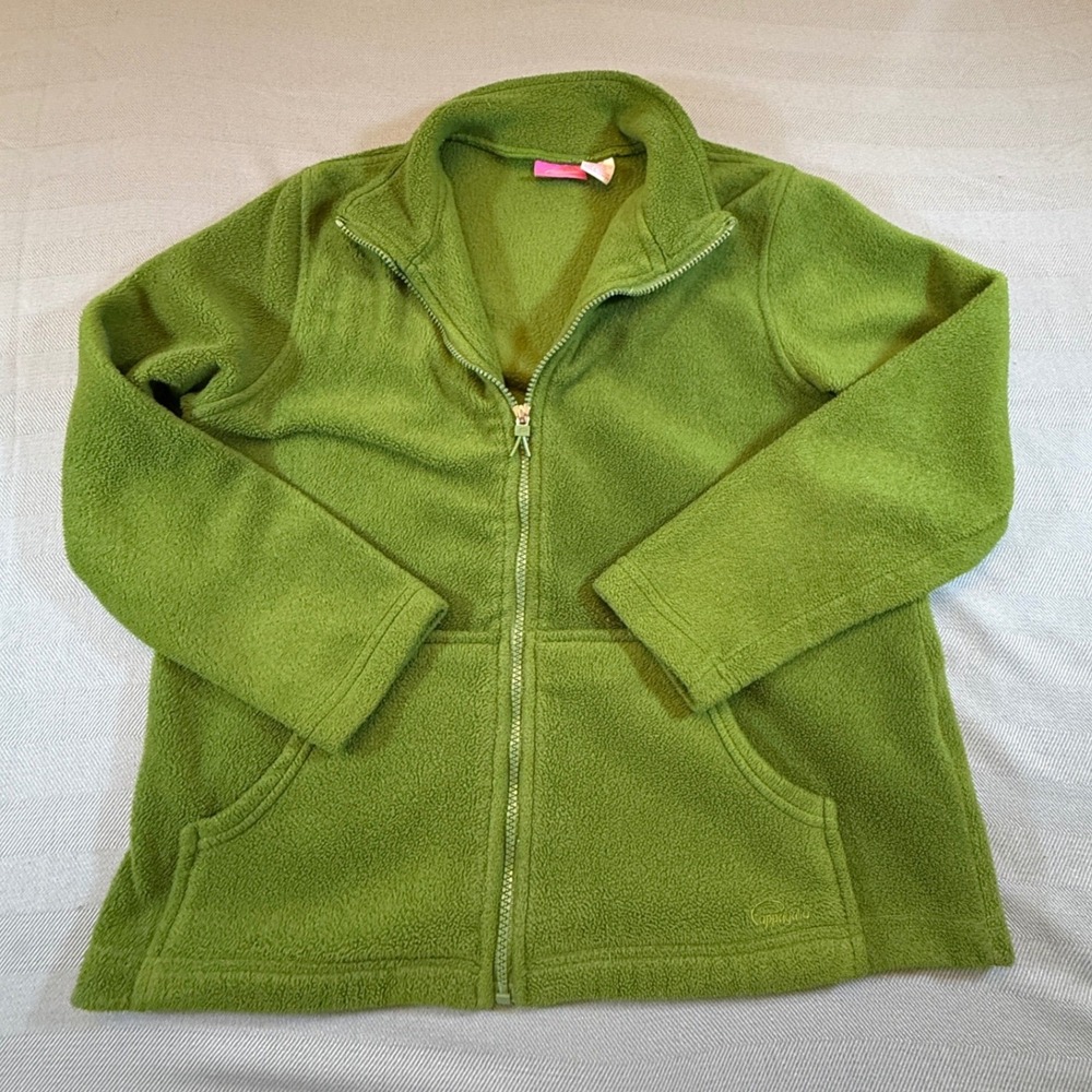 Pappagallo Petite Green Fleece Jacket Full Zip Mock Neck Kangaroo Pocket PM 2492